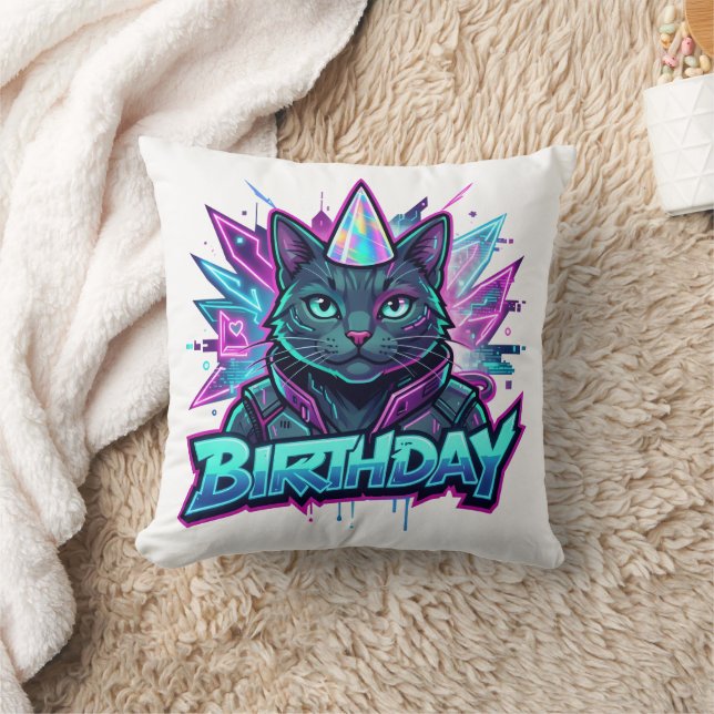Coussin Graphisme pour fête d'anniversaire de chat cyberpu (Couverture)