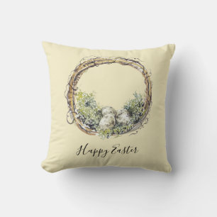 Coussin Grappe de vigne rustique aquarelle et nid d'oeufs 