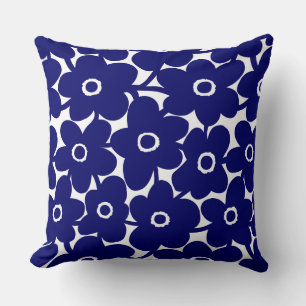 Coussin Gras Fleurs - Deep Navy sur blanc