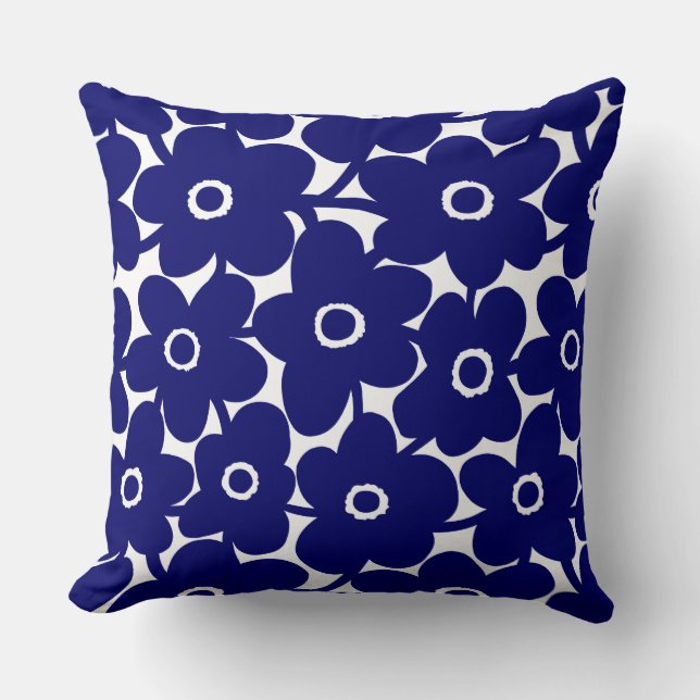 Coussin Gras Fleurs - Deep Navy sur blanc (Recto)