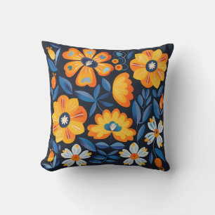 Coussin Gras Retro Floral Illustration en orange et bleu