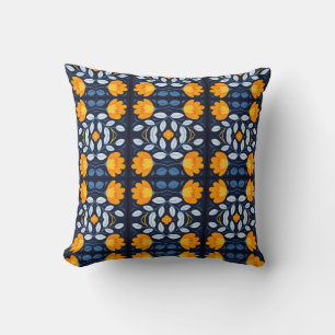 Coussin Gras Retro Floral Illustration en orange et bleu