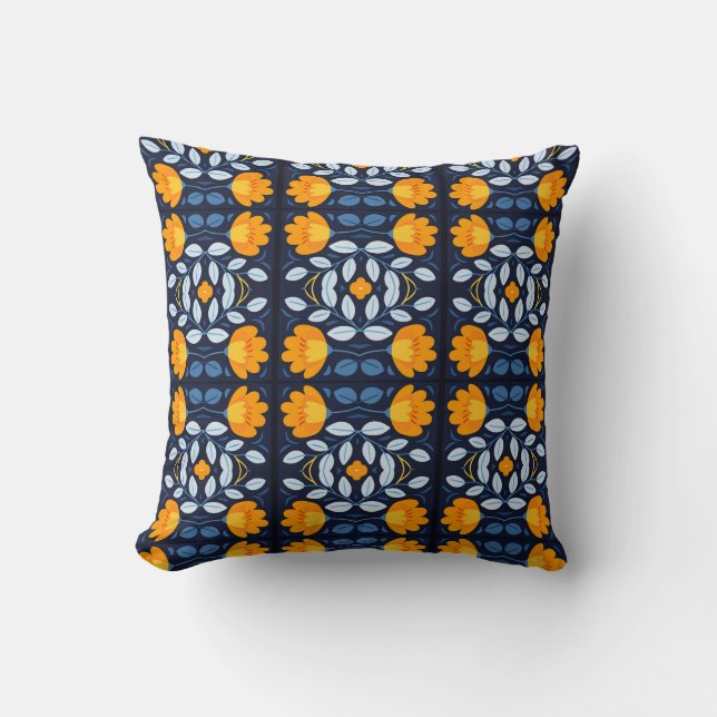 Coussin Gras Retro Floral Illustration en orange et bleu (Recto)
