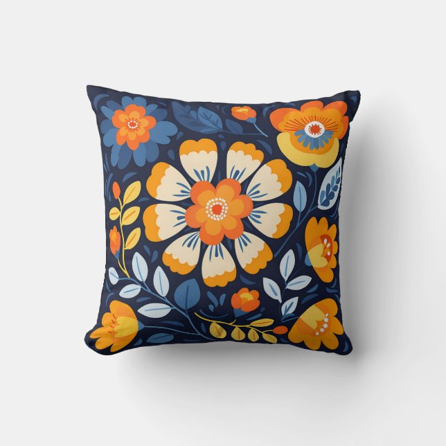 Coussin Gras Retro Floral Illustration en orange et bleu (Recto)