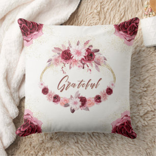 Coussin Grateful Elegant Magenta Rose Floral Wreath or