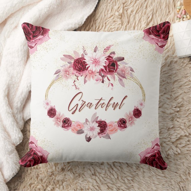 Coussin GRATEUL Script fantaisie Bourgogne Floral Gold Wre (Couverture)
