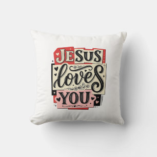 Coussin Gravure Vintage Jésus Vous Aime Typographie Chréti