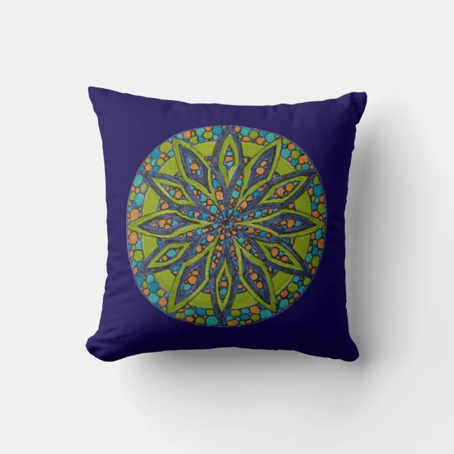 Coussin Green/Blue Starburst Mandala Throw Pillow (Recto)