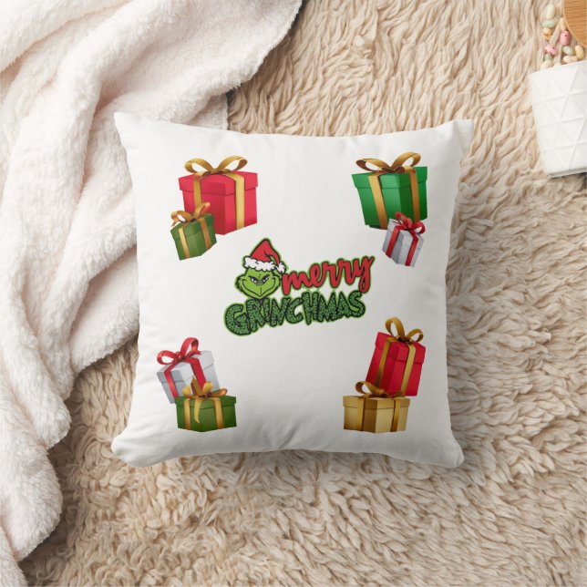 Coussin Green Christmas Creature with Gift Boxes (Couverture)