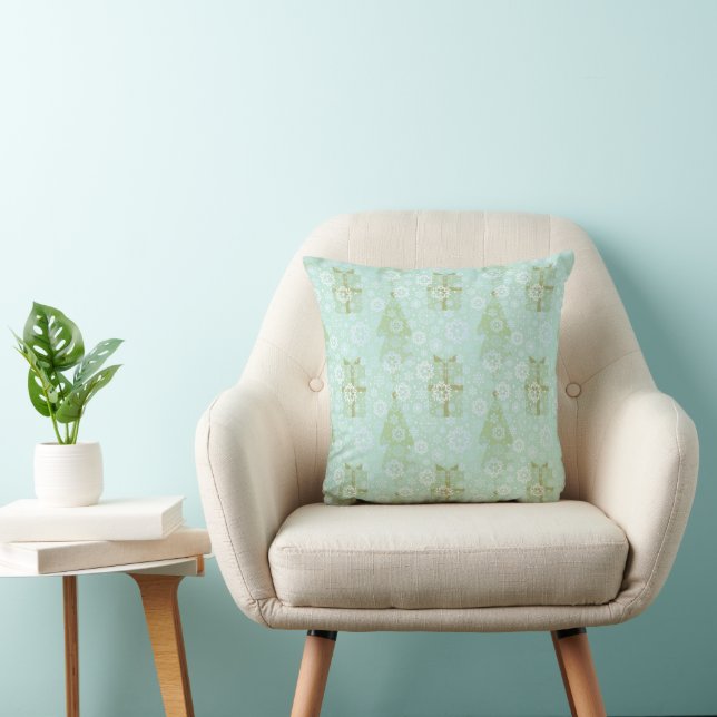 Coussin Green Christmas Tree Blue Snowflake Motif (Chaise)