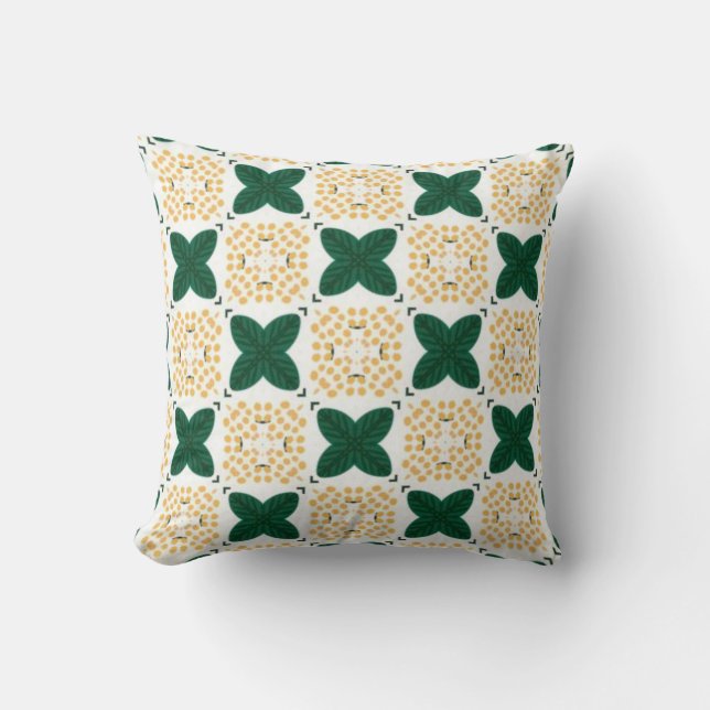 Coussin Green leaf checkered pattern yellow flower (Recto)