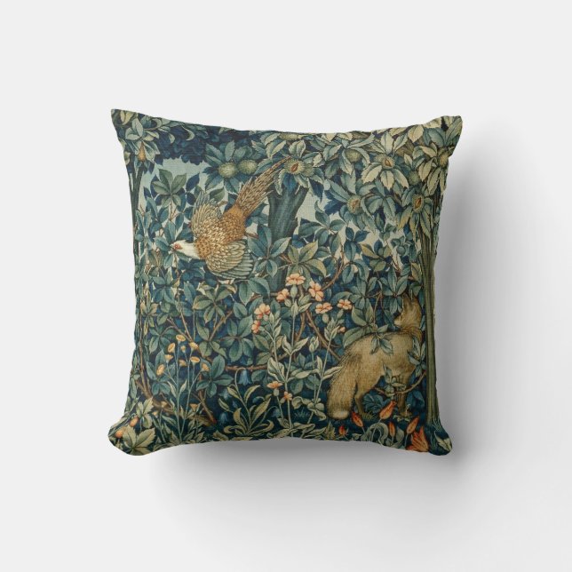 Coussin GREENERY, FOREST ANIMALS Pheasant, Fox, Green Flor (Recto)
