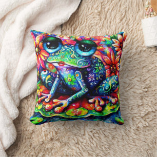 Coussin Grenouille florale impressionniste Whimsical bleu