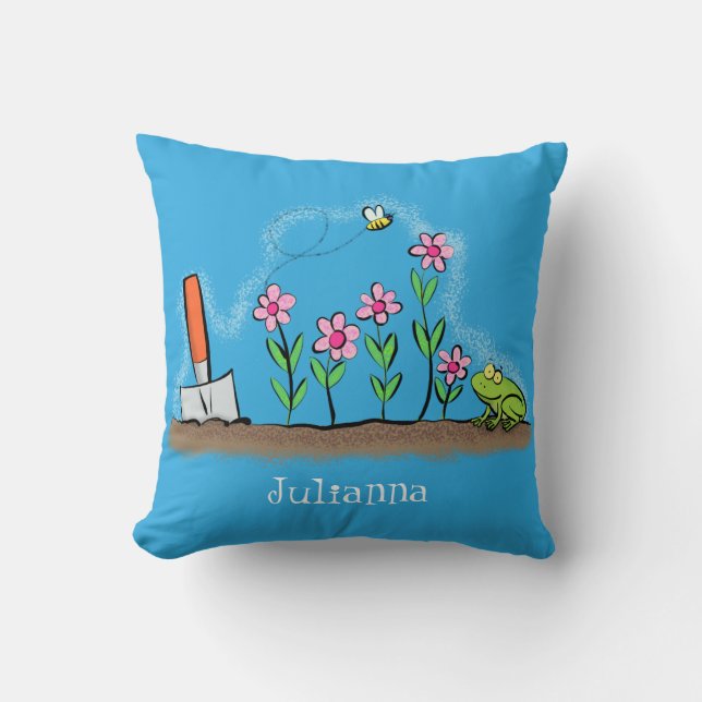 Coussin Grenouille mignonne et abeille dans le jardin dess (Recto)