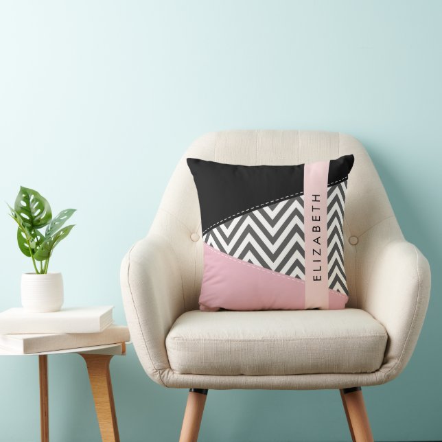 Coussin Grey Zigzag, Grey Chevron, Rose, Votre Nom (Chaise)