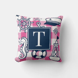 Coussin Gribouillages nautiques – Monogramme à carreaux ro