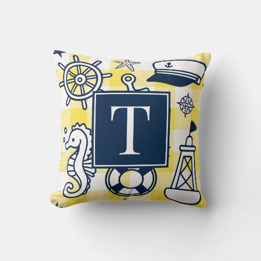 Coussin Gribouillages nautiques – Monogramme gingham jaune (Recto)