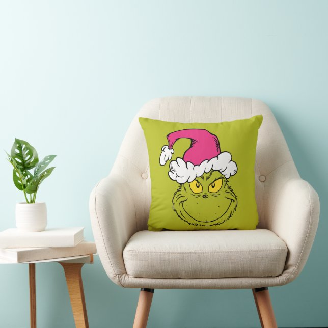 Coussin Grinch avec chapeau de Père Noël rose (Chaise)