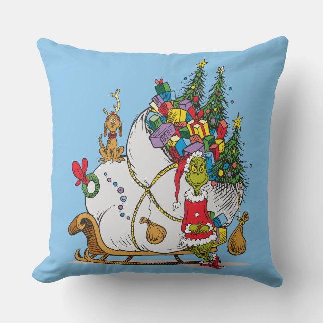 Coussin Grinch Classique | Grinch & Max avec traîneau (Recto)
