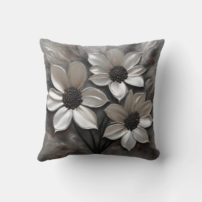 Coussin Gris argent noir floral moderne (Verso)