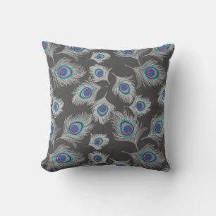 Coussin Gris argenté / Gris Plumes de paon gris sur Graphi