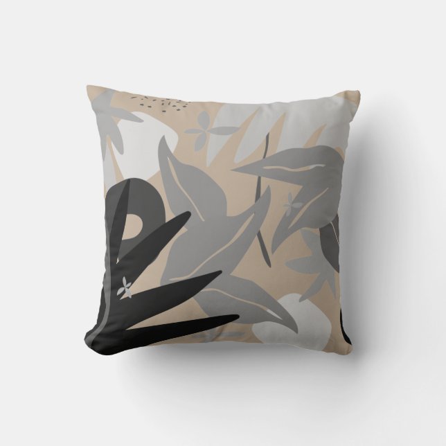 Coussin Gris beige et noir Artiste Feuilles Abstraits (Recto)