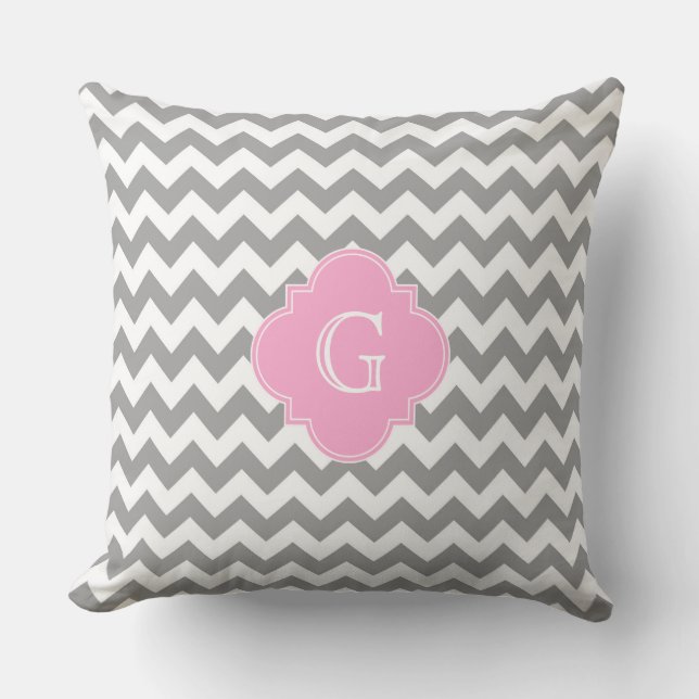 Coussin Gris Blanc Chevron Rose Quatrefoil Monogramme (Recto)