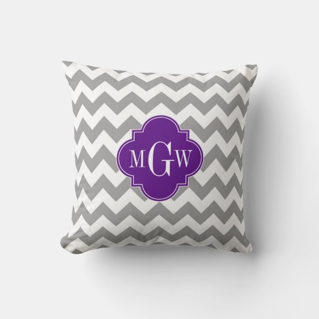 Coussin Gris Blanc Chevron Violet Quatrefeuille 3 Monogram (Recto)
