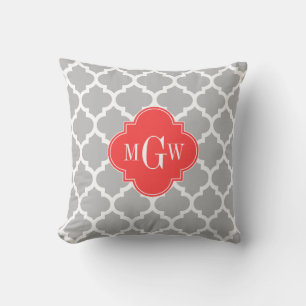 Coussin Gris Blanc Marocain #5 Corail Rouge 3 Monogramme I