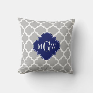Coussin Gris Blanc Marocain #5 Navy 3 Initial Monogramme