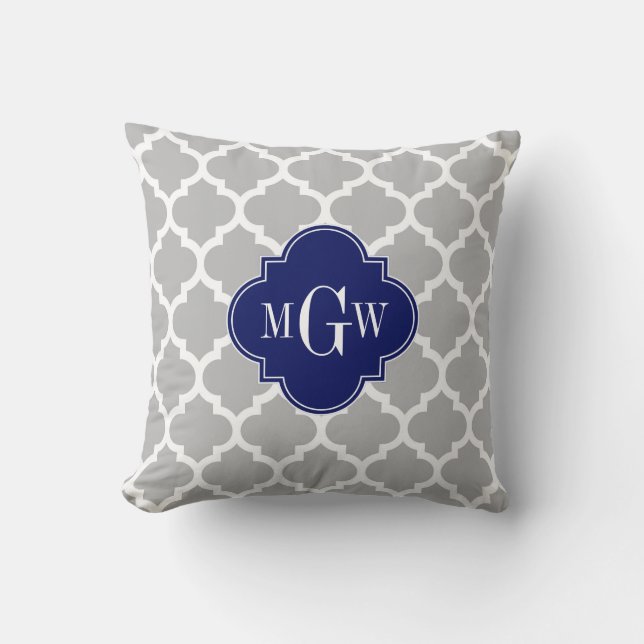 Coussin Gris Blanc Marocain #5 Navy 3 Initial Monogramme (Recto)