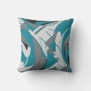 Coussin Gris Blanc Noir Turquoise Bleu Feuilles Abstraits