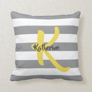 Coussin Gris blanc rayé et jaune personnalisé