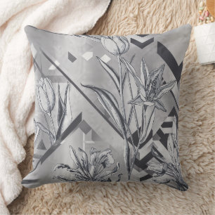 Coussin Gris Charbon Floral Gravure et Zigzag