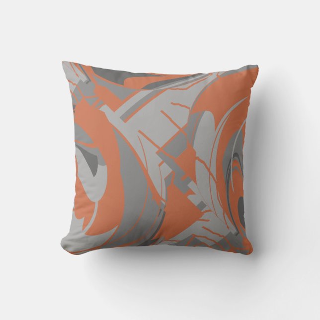 Coussin Gris Charbon Orange Brûlé Tourbillons d'Art Feuill (Recto)