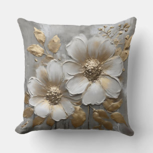 Coussin Gris Chaud Or Blanc Floral Moderne Rustique