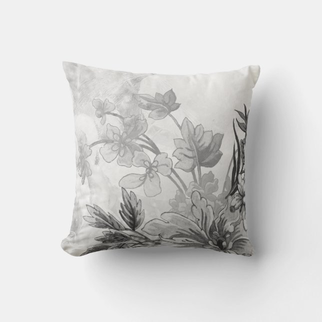 Coussin Gris et blanc Élégant Botanique Floral (Recto)