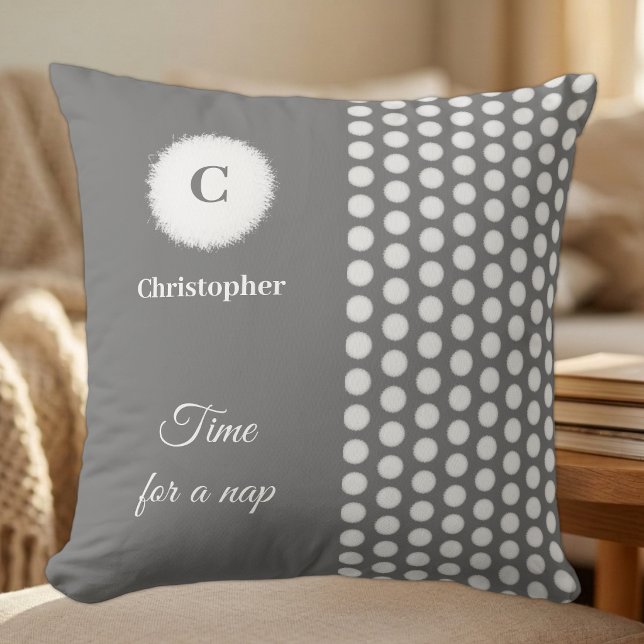 Coussin Gris et blanc monogramme, c'est l'heure de la sies (Créateur téléchargé)