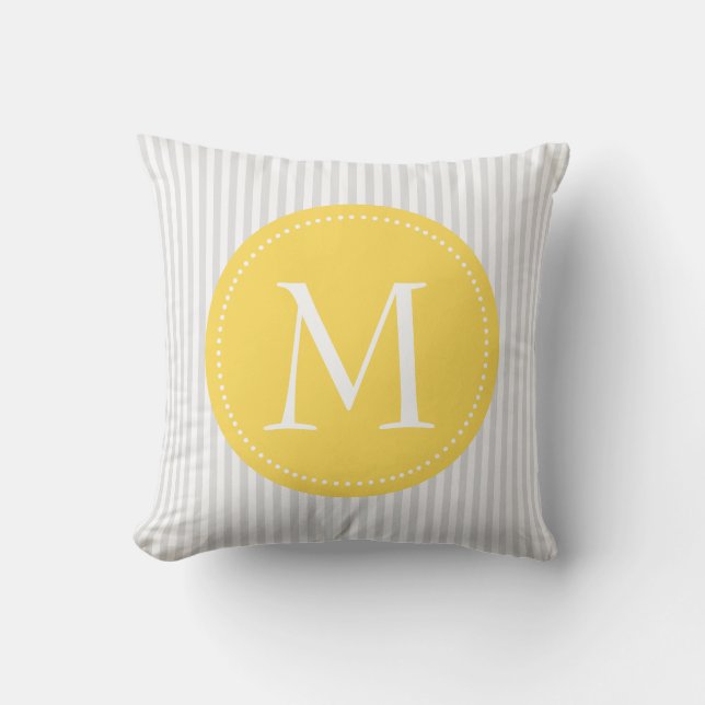 Coussin Gris Et Blancs Monogramme Personnalisé Jaune (Recto)