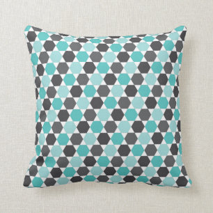 Coussin Gris et motif géométrique bleu d'hexagone d'aqua