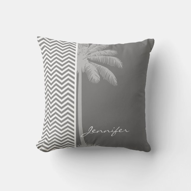 Coussin Gris Gris Chevron Stripes; Palmier Tropical (Recto)