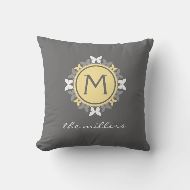 Coussin Gris jaune blanc de monogramme de guirlande de (Recto)