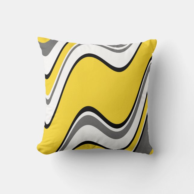 Coussin Gris Jaune Blanc Noir Vagues Abstraites (Recto)