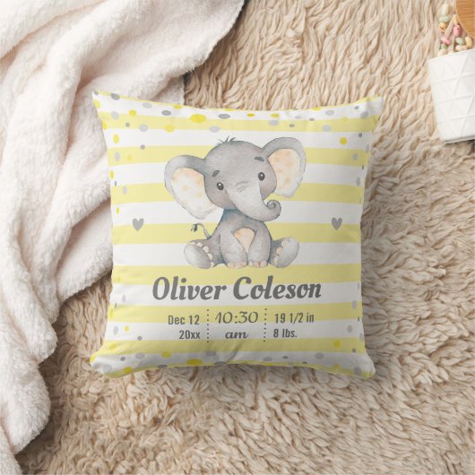 Coussin Gris Jaune Rayé Elephant Bébé Statistiques Nursery (Couverture)
