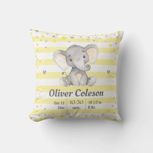 Coussin Gris Jaune Rayé Elephant Bébé Statistiques Nursery (Recto)