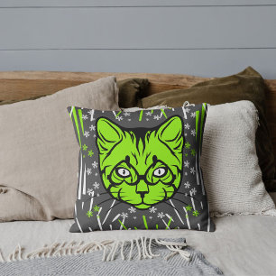 Coussin Gris Lime Blanc Noir Moderne Cute Chat Coloré