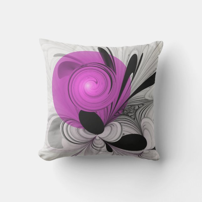 Coussin Gris Noir Abstrait Avec Art Fractal Magenta (Recto)