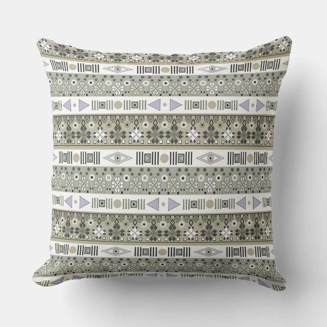 Coussin Gris olive clair ornement ethnique rayé (Recto)