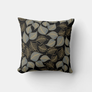 Coussin Gris or large feuille motif sur noir