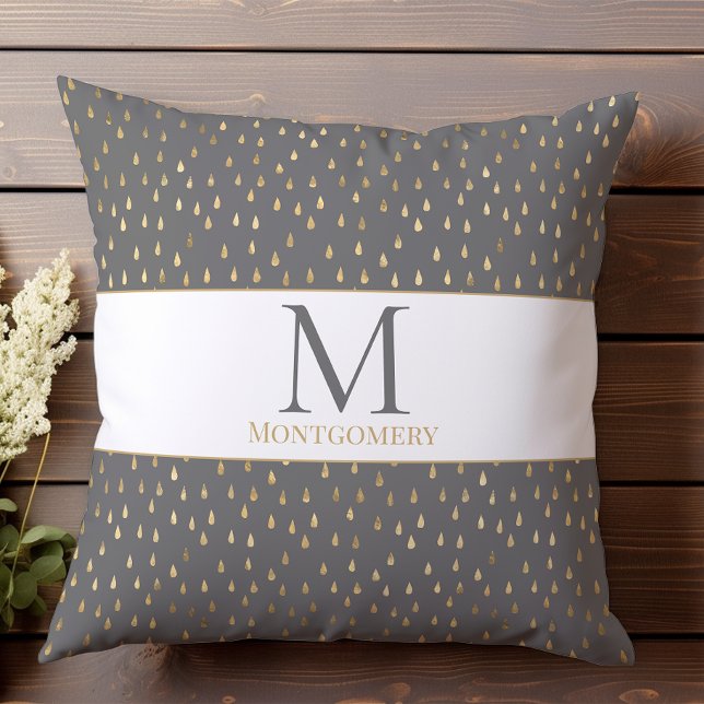 Coussin Gris Or Monogramme Moderne Tendance Goutte de Plui (Créateur téléchargé)